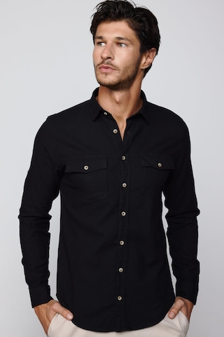 Tudors Slim Fit Uzun Kol Çift Cep Pamuk Keten Spor Yaka Siyah Erkek Gömlek-28838-siyah Siyah