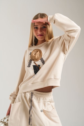 Loco Loco Bej Baskılı Şapka Aksesuarlı Çocuk Sweatshirt