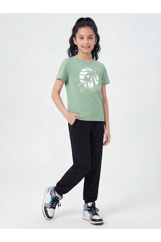 Panios Kids Yuvarlak Yaka Tişörtlü Uzun Eşofman Altlı Baskı Detaylı Kız Çocuk Alt Üst Takım Mint Yeşili