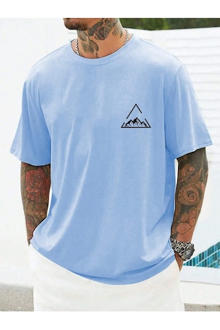 Üçgen Dağ T-shirt - Bebe Mavisi Baskılı Oversize Bisiklet Yaka Kısa Kol Tişört Bebe Mavisi