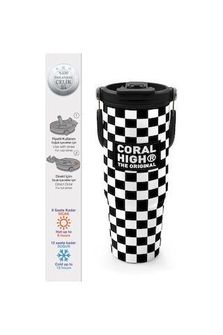 Coral High Siyah Beyaz Dama Desenli Pipetli Ve Direkt İçim Çelik Termos 900 Ml 38717 Çok Renkli