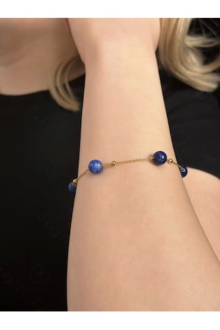 Lapis Lazuli Doğal Taşlı Çelik Bileklik -777 Serisi Gold