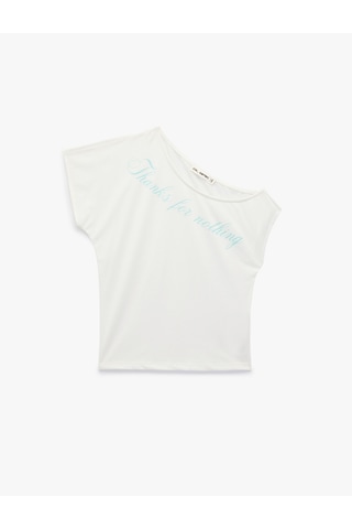 Koton Viskon Karışımlı Slim Fit Kısa Kollu Omzu Açık Baskılı Tişört Ekru 6sal10912ık