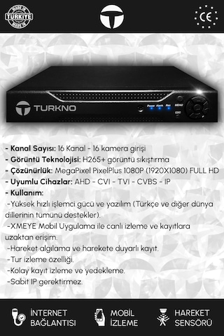 Turkno 10 Kameralı Pania 10 Dış Kamera Set 1 TB HDD Full HD Gece Görüşlü Güvenlik Kamerası Sistemi