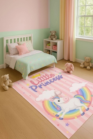 Gökkuşağı Unicorn Çocuk Odası Halısı Pembe