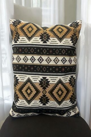 Kilim Desenli Kırlent Yüzü, Bohem Punch Kırlent Kılıfı, Nostaljik Desen Kırlent 45x45cm Sarı