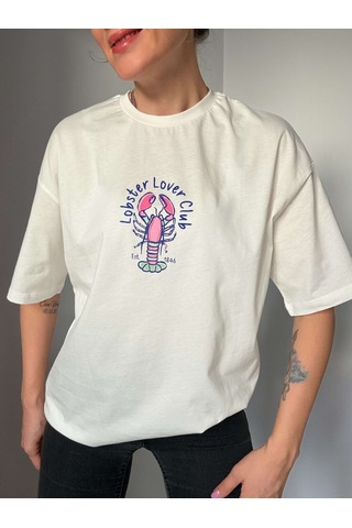 Ali Butik Ekru Lobster Lover Club Baskılı Tişört Ekru