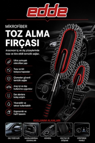 Edde Araba Araç Oto Mikrofiber Toz Alma Fırçası 2'li Set