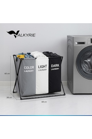 Valkyrie 3 Bölmeli Katlanabilir Çamaşır Sepeti Siyah Beyaz Renk Ayırmalı Çamaşır Organizer Çok Renkli