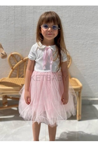 Ketbaby Kız Çocuk Kurdeleli Tül Etek Kısa Kol Elbise Pembe Pembe