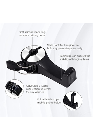 Kosona Araba Arka Koltuk Masaüstü Telefon Tutucu İle Gömülü Kilitli Kanca - 360 Döner, 10kg Yük Taşıma, Mavi Mavi