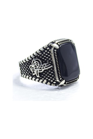 Gümüş Pençe Model Tuğra Desenli Kare Oniks Taşlı Erkek Yüzük