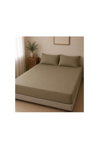 Çift Kişilik Lastikli Çarşaf Takımı 2 Adet Yastık Kılıflı 50x70 180x200+30 %100 Pamuk Haki