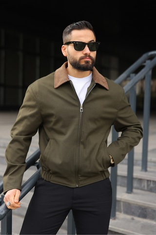 Kadife Yakalı Trucker Model Ceket Haki