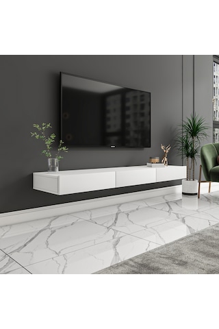 Avalon 3 Kapaklı Duvara Monte Tv Sehpası 140 Cm, Modern Minimal Tasarım, Tv Ünitesi - Beyaz Beyaz