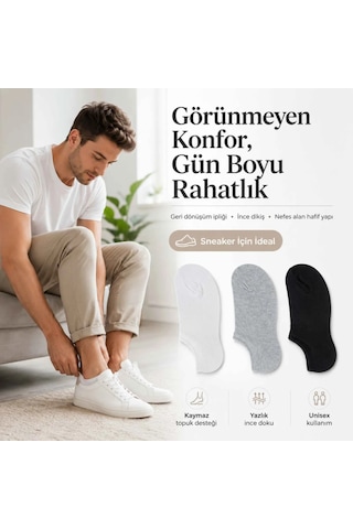 Çorap Giyim Erkek Geri Dönüşüm İplikli 6 Lı Görünmez Sneaker Çorap, İnce Dikişli, Nefes Alan Yazlık Babet Çorabı, Kaymaz Topuklu Siyah Gri Beyaz Çok Renkli