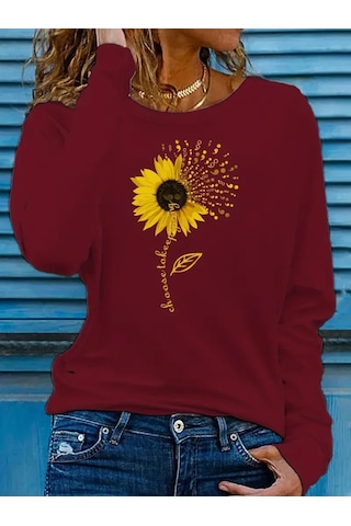 Leyla Sanat Sanata Yeni Bir Bakış Açısı Kadın Uzun Kollu Bisiklet Yaka Ayçiçeği Desenli Viskon Bluz Bordo