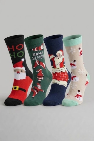 Socketta Christmas Koleksiyonu 4 Lü Kendinden Örgü Desenli Yılbaşı Çorapları Yeşil-lacivert-bej-siyah Desenli
