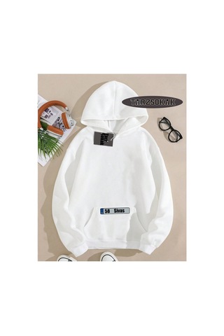 Tarzsokak Kapşonlu Sweatshirt Beyaz 58 Sivas Özel Tasarım Plaka Detaylı