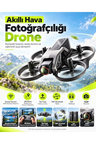 720p Kameralı Wifi Fpv Drone Çift Bataryalı 150 Metre Kontrol Mesafeli Tek Tuş Kalkış İniş 360 Takla