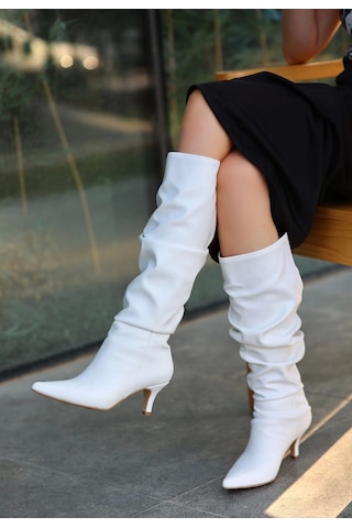 Zelya Beyaz Cilt Topuklu Çizme Beyaz