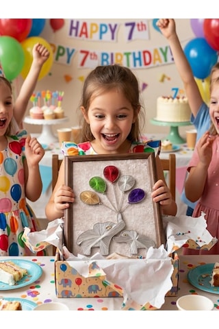 Filografi Balonlu Fil Tablosu 35x50 Cm Ahşap Çivi & Tel Sanatı Çocuk Odası, Anaokulu Ve Hediye Dekoratif Ta -