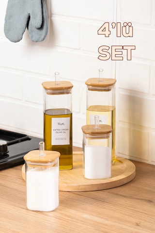 Perotti Cubes Borosilikat 4 Lü Pratik Mutfak Seti Bambu Kapak-yağlık Sosluk Sirkelik Şekerlik Şeffaf