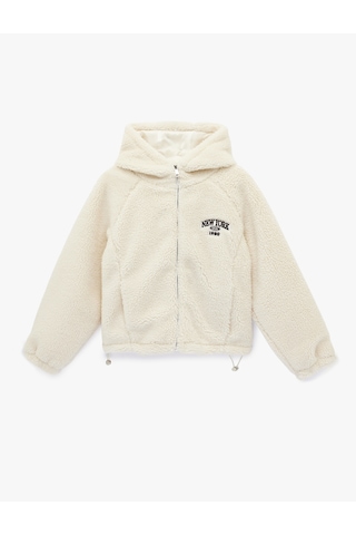 Koton Uzun Kollu Regular Fit Cepli Fermuarlı Crop Kapüşonlu Peluş Ceket Ekru 6wal20135ıw Ekru