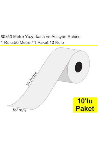 80x50 Metre Yazarkasa Ve Adisyon Rulosu 10'lu Paket / En:80 Mm Boy:50 Metre