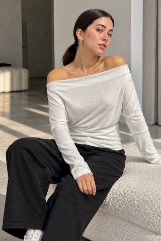 Bb Butik Basic Kadın Madonna Yaka Dökümlü Modal Uzun Kollu Bluz My3535 Beyaz
