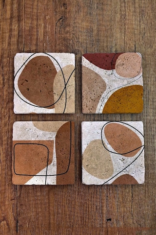 Doğal Taş Bardak Altlığı Pastel Renkler Baskılı 4'lü Set - Stone Coasters Çok Renkli