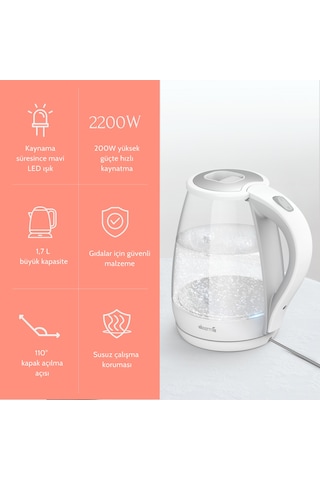 Deerma DEM-SH30W 1.7 L Mavi Işıklı Cam Kettle