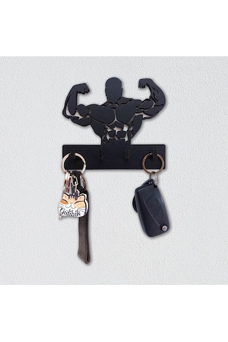 Cajuart Sporcu Kaslı Adam Bodybuilder Fitness Tema Anahtar Askısı Duvar Anahtarlık Siyah