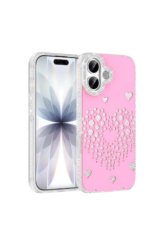 Apple iPhone Uyumlu 17 Kılıf Damla Taşlı Zore Rivas Sert Pc Kapak - Pembe