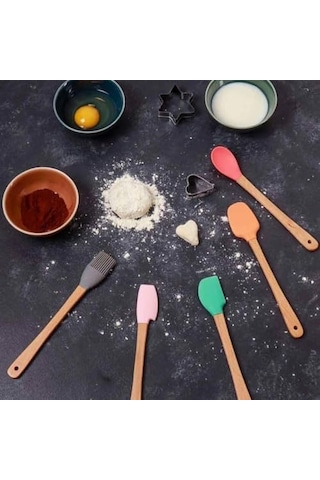 Silikon Spatula Ve Fırça Seti, 5 Parça, Karışık Renkli, Bambu Saplı 0