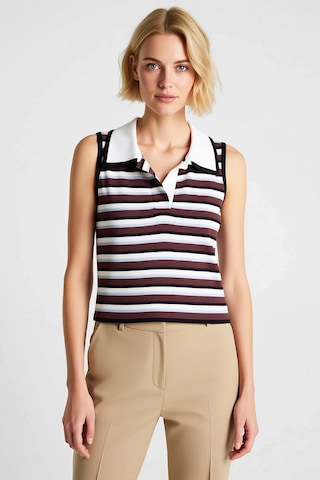 Benerly Kadın Bluz Gömlek Yaka Kolsuz Crop Fitted Triko İnce Renk Bloklu Kahverengi