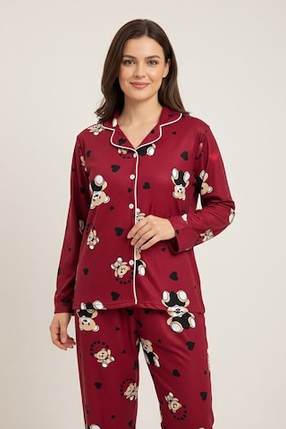Miniğimin Cicileri Ayıcık Kalp Desenli Süet Anne Pijama Takımı - Bordo