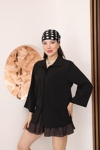 Kadın Slim Fit Dar Kesim Vücuda Oturan Uzun Kollu Siyah Gömlek