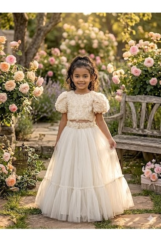 Star Kids Fashion Kız Çoçuk Ekru Gül Detaylı Crop Elbise,kız Çoçuk Mezuniyet Elbisesi