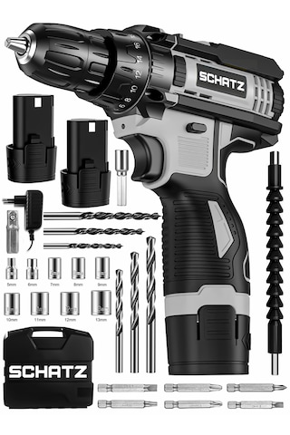 Schatz 12v Çift Akülü Çelik Şanzıman Bakır Sargılı Şarjlı Vidalama Matkap Gri + 24 Parça Set