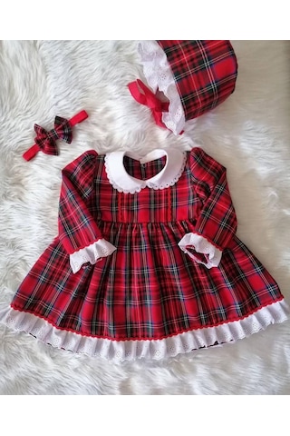 Kırmızı Ekose Kız Bebek Elbisesi,özel Dikim Çocuk Elbisesi, Doğum Günü Elbisesi, 0-12 Yaş Kırmızı