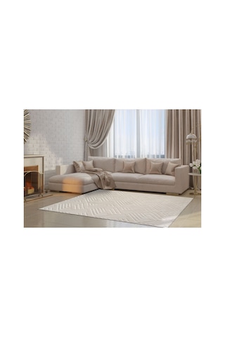Plato Halı Opqo Ekselans Premium Oturma Odası, Salon, Antre Yıkanabilir Polyester Kaymaz Taban Krem Halı