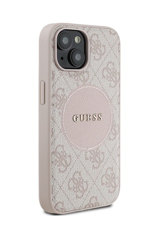Apple Uyumlu iPhone 15 Kılıf Guess Lisanslı M-safe Şarj Özellikli Yazı Logolu Circle Classic Kapak Pembe