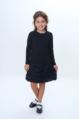 Toontoy Kız Çocuk Yaka Fırfır Etek 3d Güllü Elbise Siyah