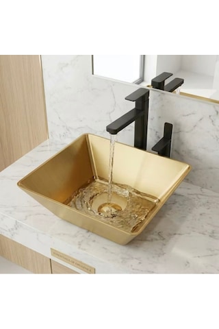 Alfas Aura Kare 40x40 Cm Pvd Mat Gold Tezgah Üstü Çanak Lavabo 304 Paslanmaz Çelik