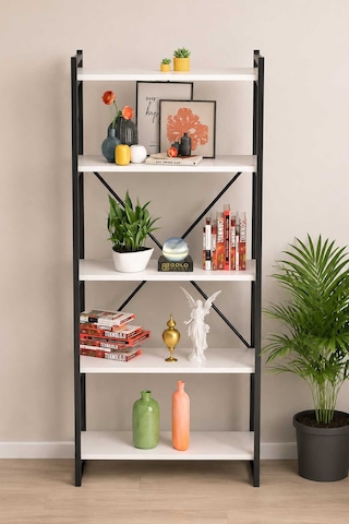 Reyo Falez Dekoratif 5 Raflı Kitaplık Geniş Metal Kitaplık Dosya Rafı Ofis Salon Raf 180x66 Beyaz