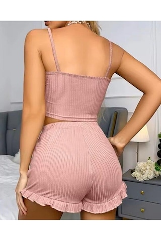 Kadın Pudra Dantel Detaylı Şortlu Gecelik Pijama Takımı 5015 Pudra