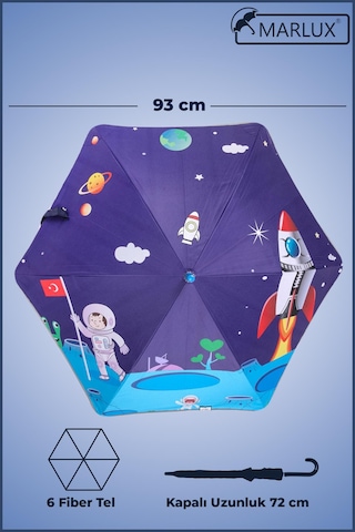 Marlux Fiber 6 Telli Dayanıklı Özel Tasarım Çocuk Şemsiyesi Türk Bayraklı Astronot Uzay Desenli Mar1099fl - Erkek Çocuk