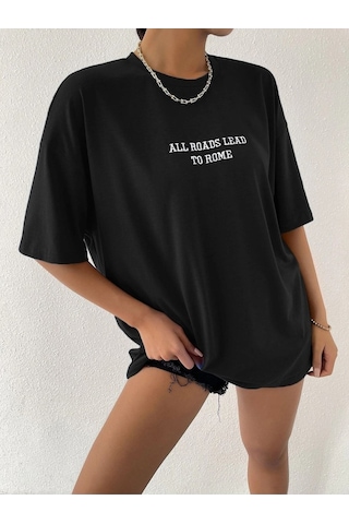 To Rome T-shirt - Siyah Baskılı Oversize Bisiklet Yaka Kısa Kol Tişört Siyah