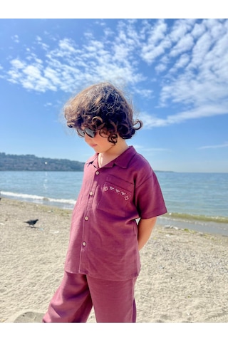 Cigit Cebi Nakışlı Gömlek Pantolon Keten Takım 2-7 Yaş Mürdüm Mürdüm